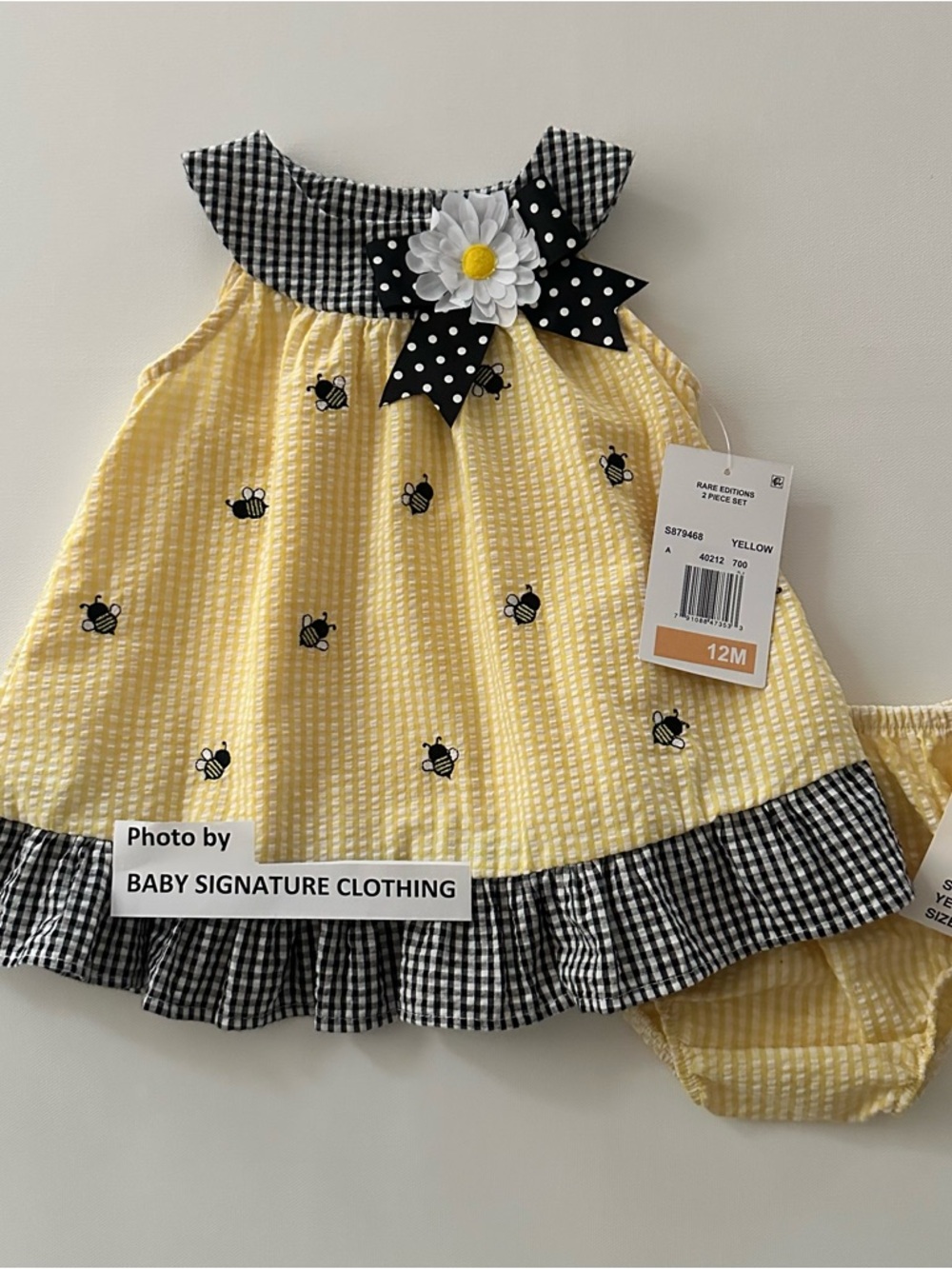 Rare Editions 12 Months Baby Girl Yellow Bumblebee Dress Black Gingham Trim NWT
